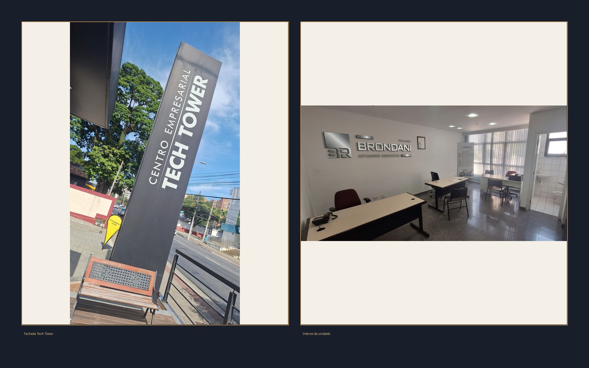Filial São José dos Campos — fachada Tech Tower e interior do escritório Brondani Advogados